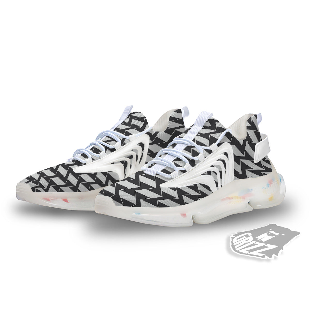 Abstract Heometric Zigzag Print Pattern White Gym Shoes-grizzshop