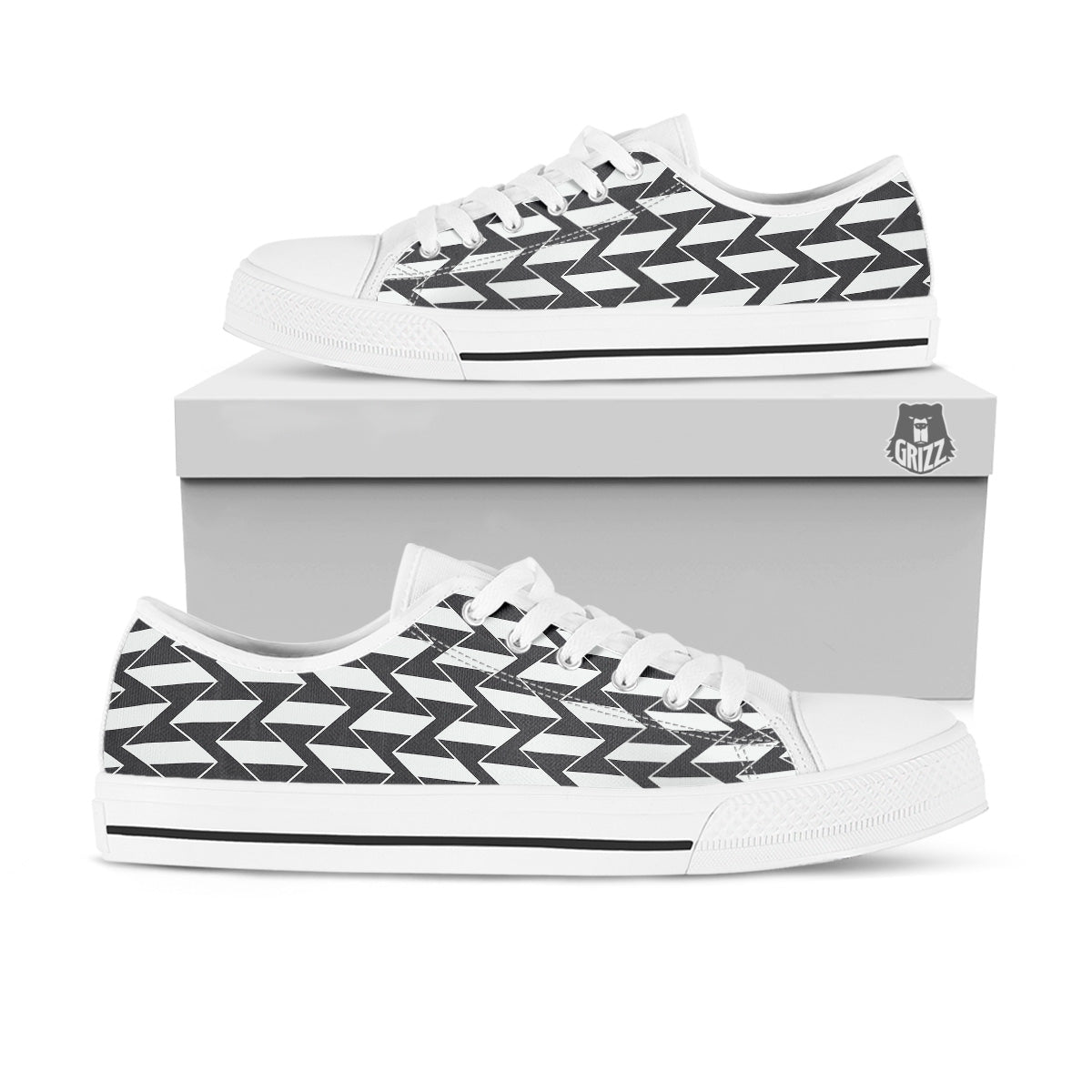 Abstract Heometric Zigzag Print Pattern White Low Top Shoes-grizzshop