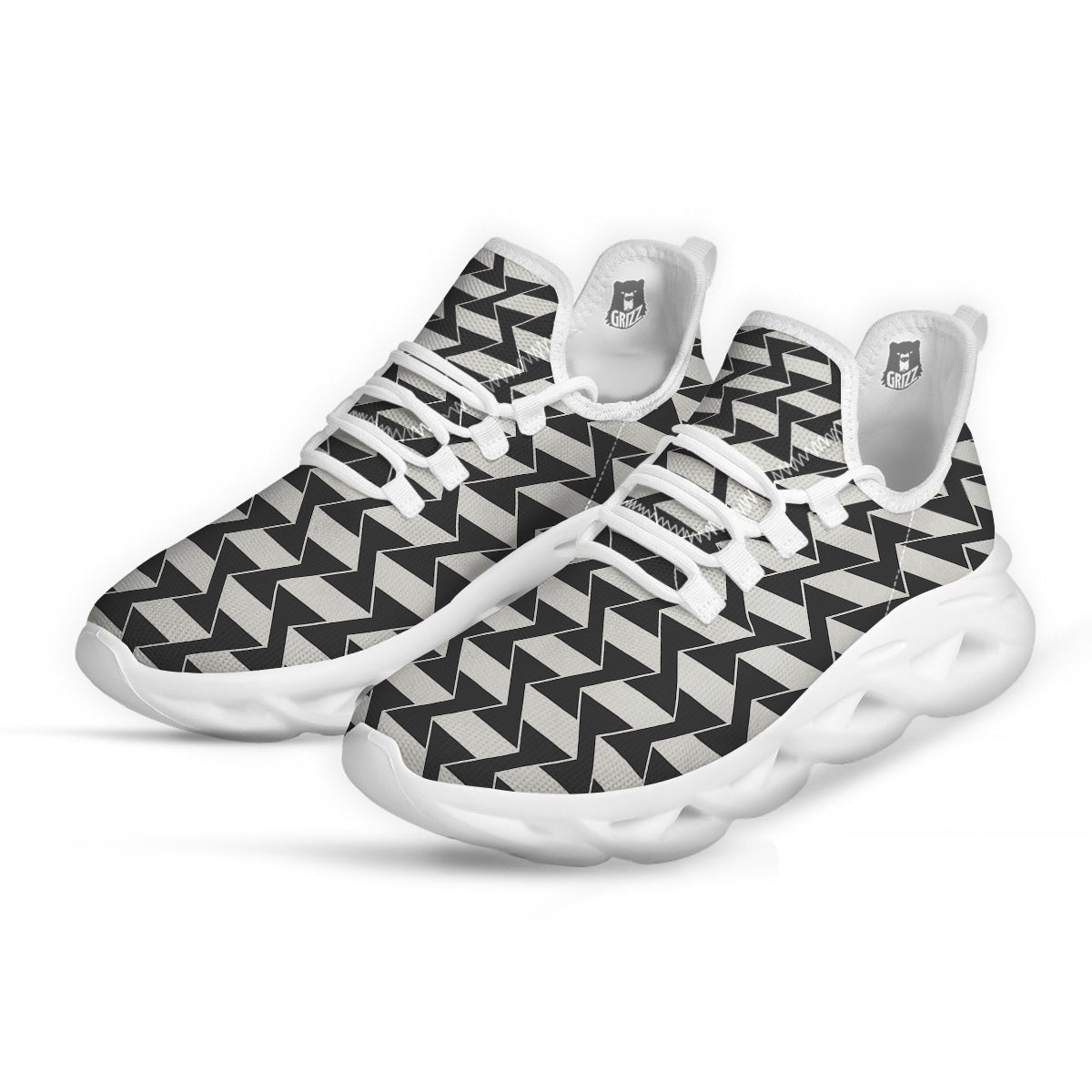 Abstract Heometric Zigzag Print Pattern White Running Shoes-grizzshop