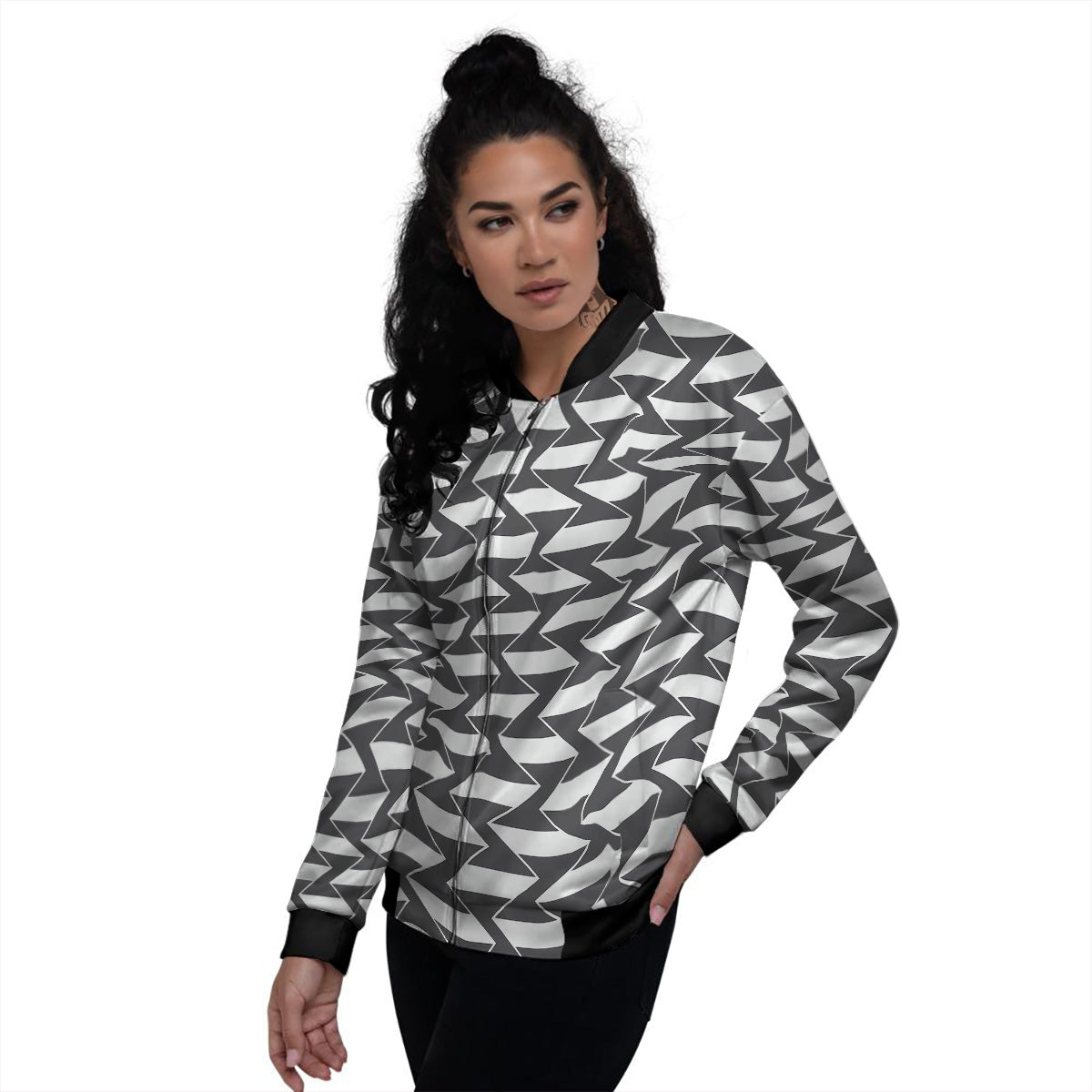 Abstract Heometric Zigzag Print Pattern Women's Bomber Jacket-grizzshop