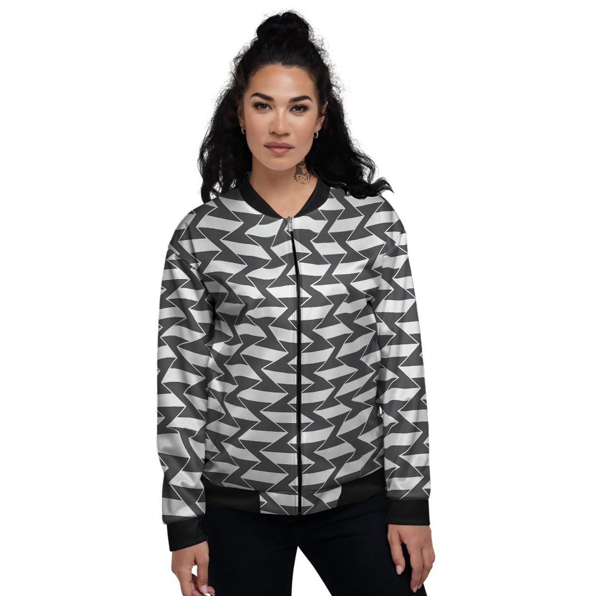 Abstract Heometric Zigzag Print Pattern Women's Bomber Jacket-grizzshop