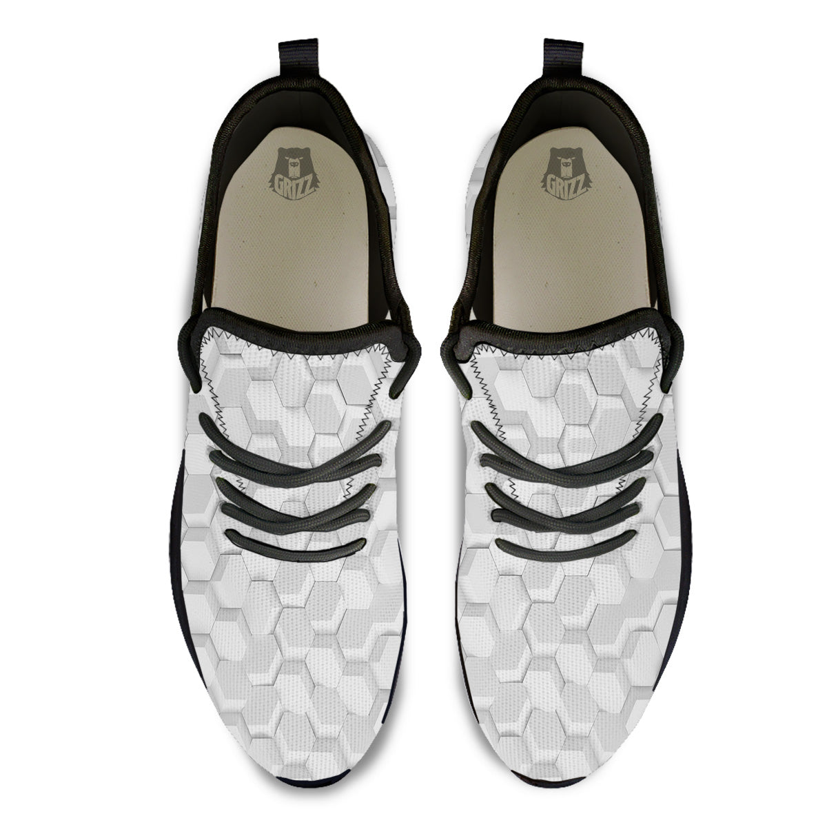 Abstract Hexagonal White 3D Print Pattern Black Athletic Shoes-grizzshop