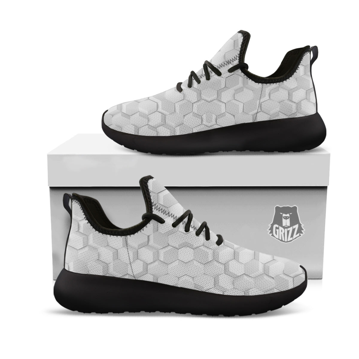 Abstract Hexagonal White 3D Print Pattern Black Athletic Shoes-grizzshop