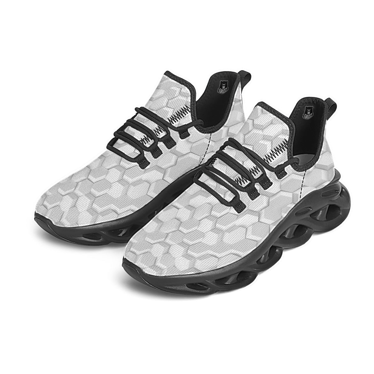Abstract Hexagonal White 3D Print Pattern Black Running Shoes-grizzshop