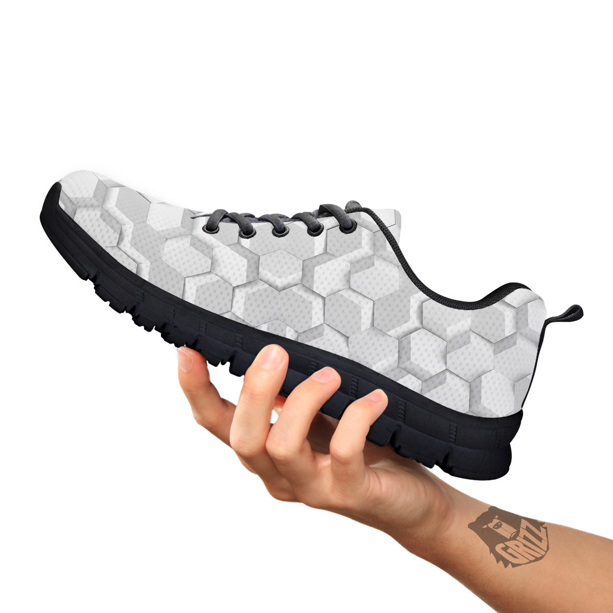 Abstract Hexagonal White 3D Print Pattern Black Sneaker-grizzshop