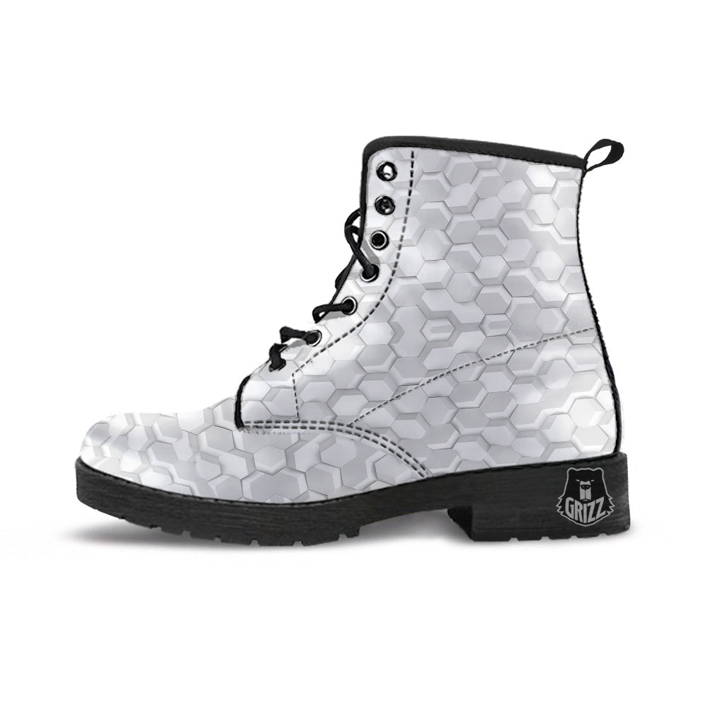 Abstract Hexagonal White 3D Print Pattern Leather Boots-grizzshop