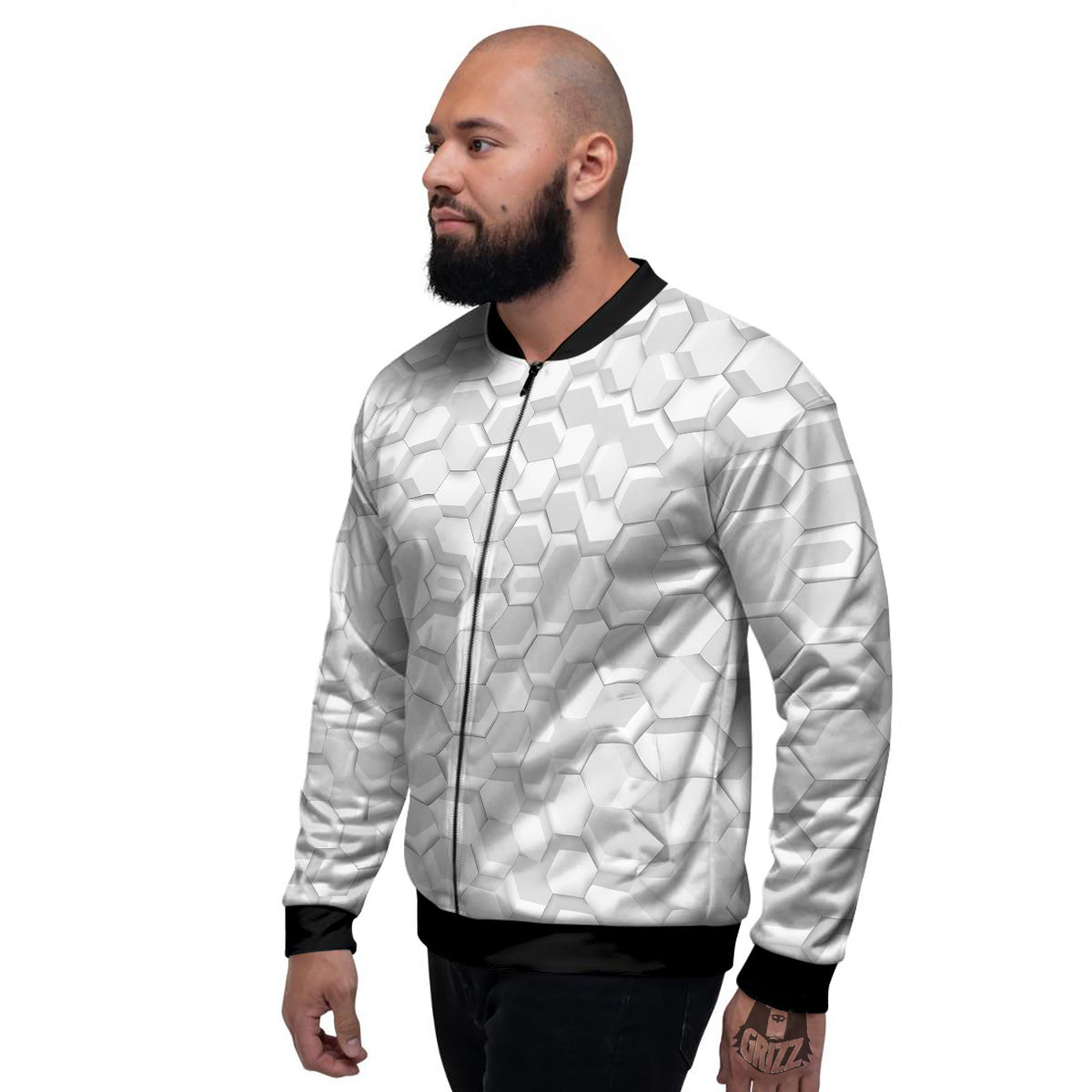 Abstract Hexagonal White 3D Print Pattern Men's Bomber Jacket-grizzshop