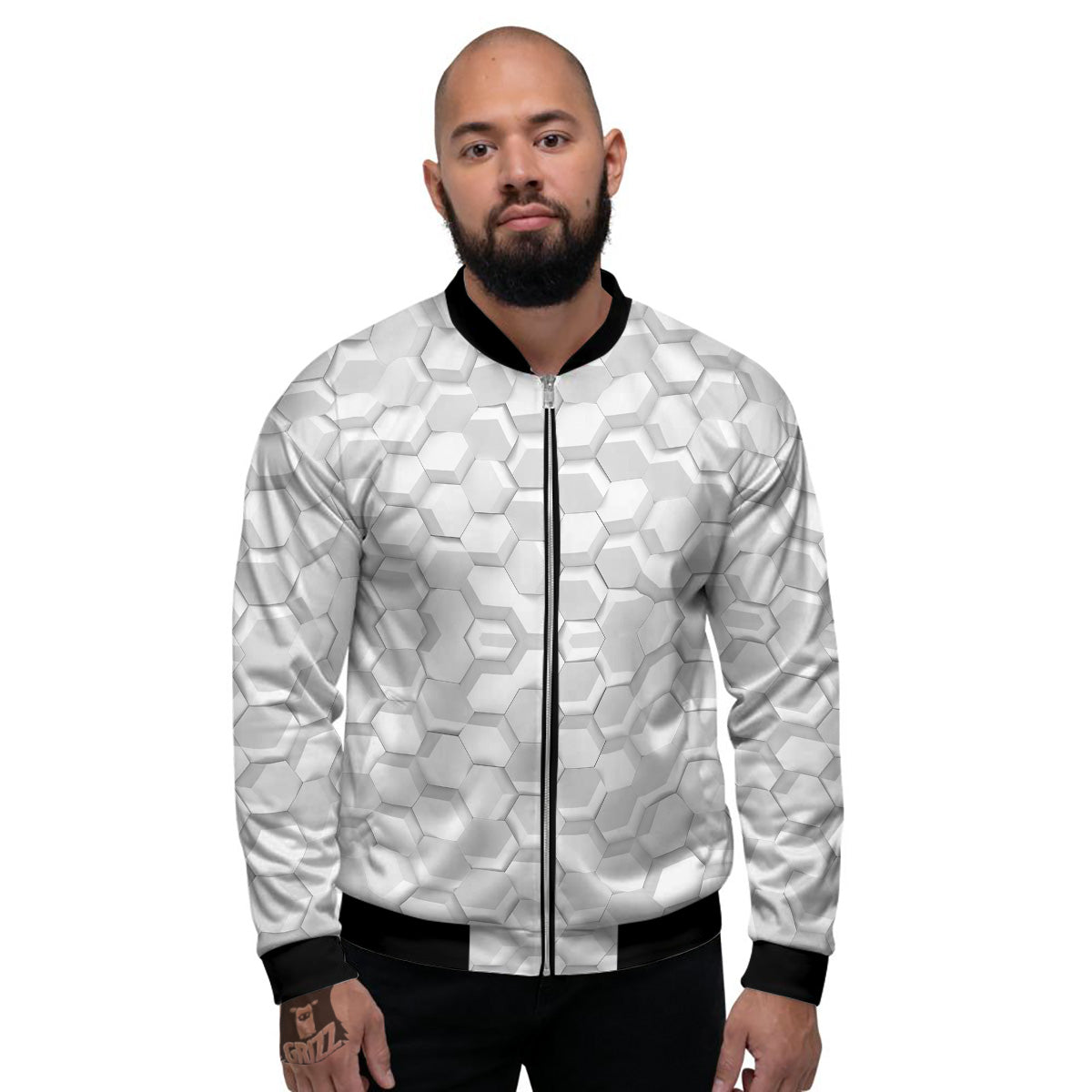 Abstract Hexagonal White 3D Print Pattern Men's Bomber Jacket-grizzshop