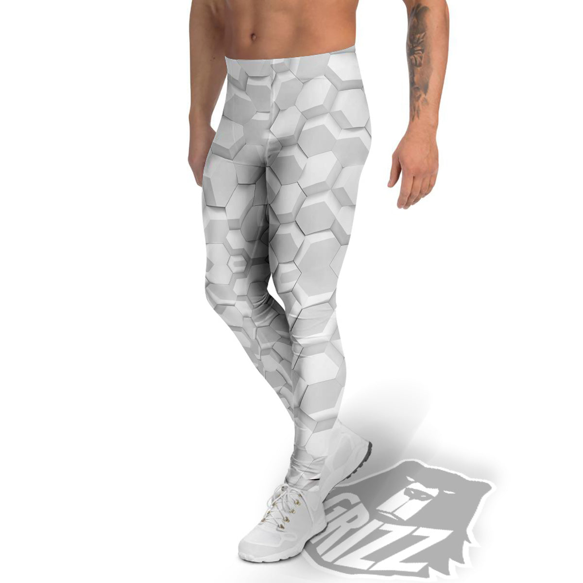 Abstract Hexagonal White 3D Print Pattern Men's Leggings-grizzshop