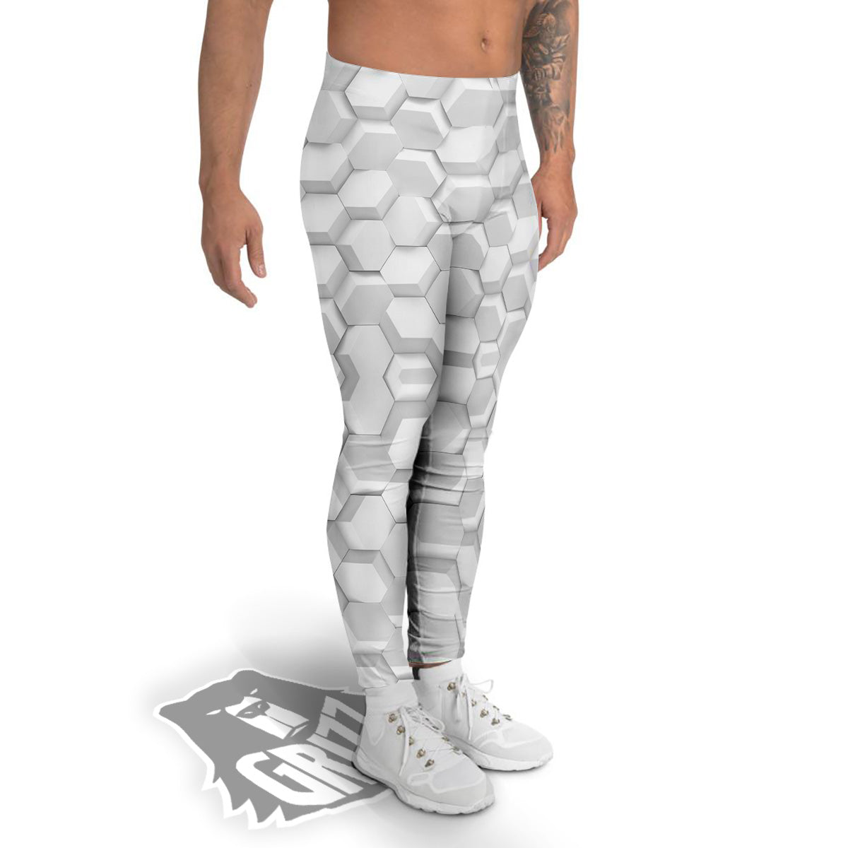 Abstract Hexagonal White 3D Print Pattern Men's Leggings-grizzshop