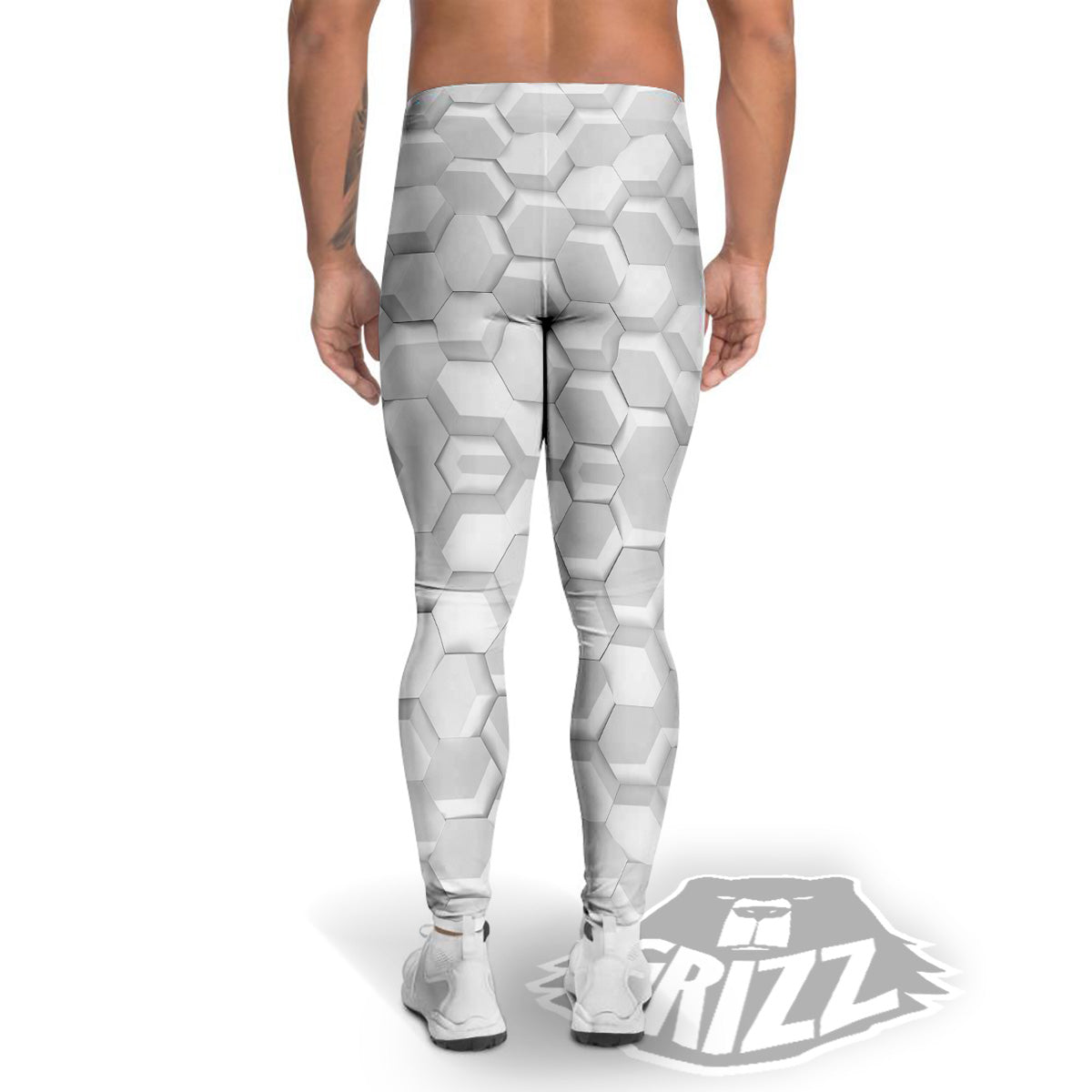 Abstract Hexagonal White 3D Print Pattern Men's Leggings-grizzshop