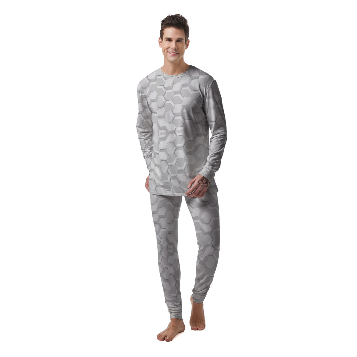 Abstract Hexagonal White 3D Print Pattern Men's Pajamas-grizzshop