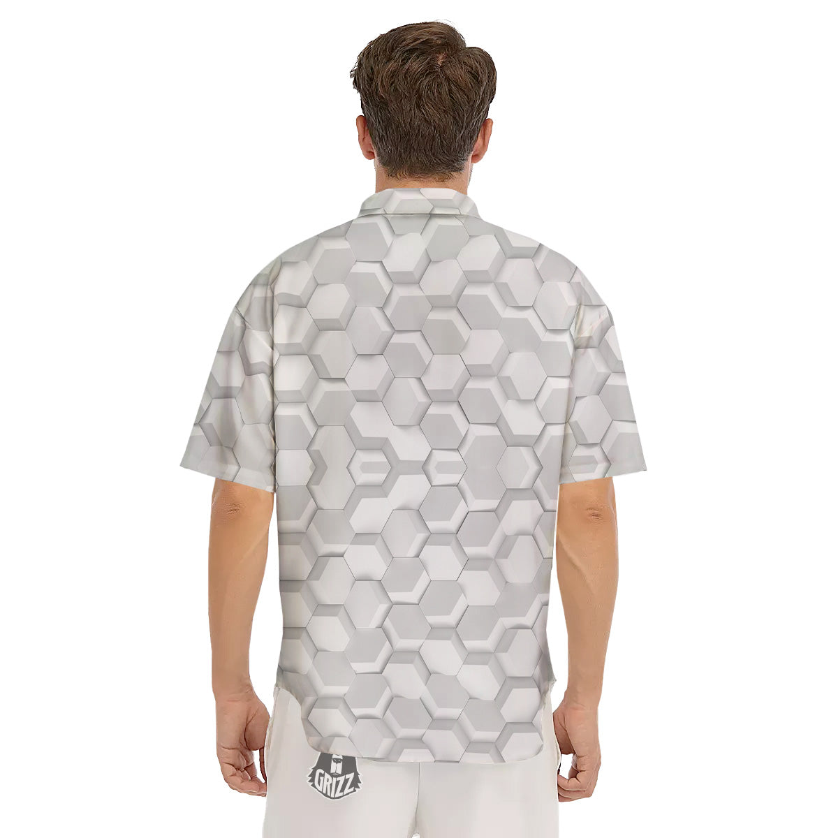 Abstract Hexagonal White 3D Print Pattern Men's Short Sleeve Shirts-grizzshop