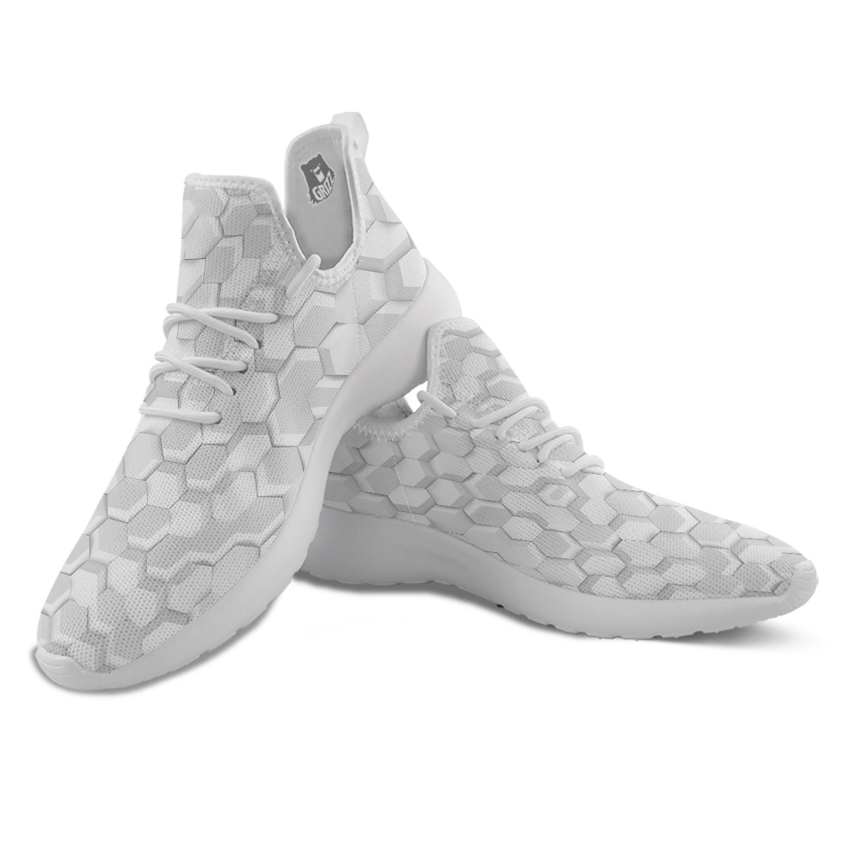 Abstract Hexagonal White 3D Print Pattern White Athletic Shoes-grizzshop