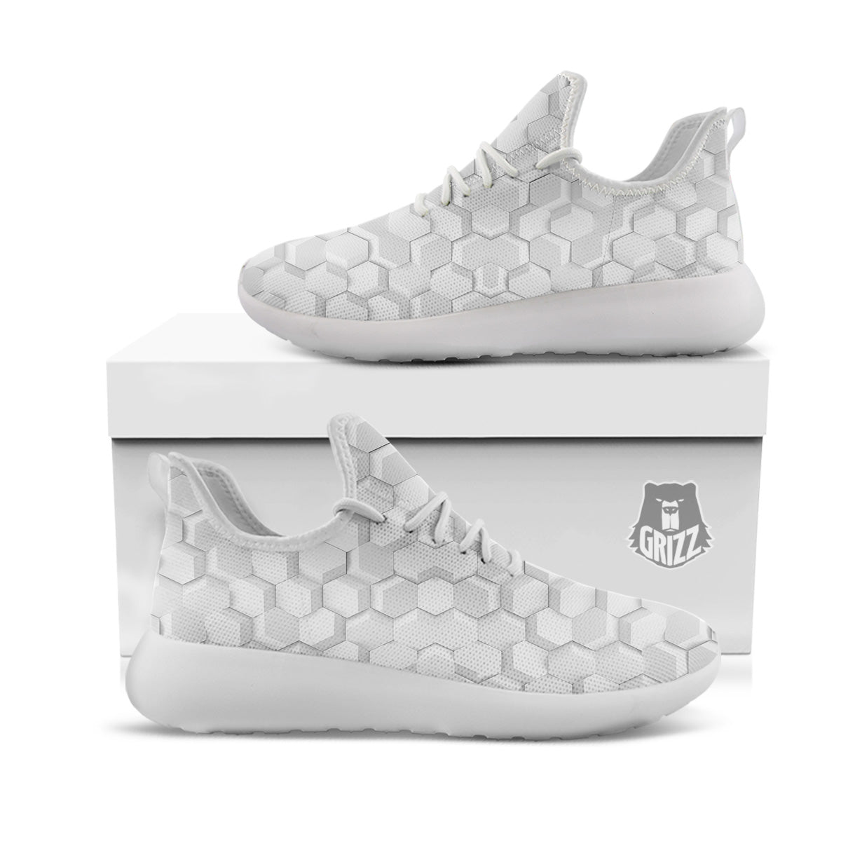 Abstract Hexagonal White 3D Print Pattern White Athletic Shoes-grizzshop