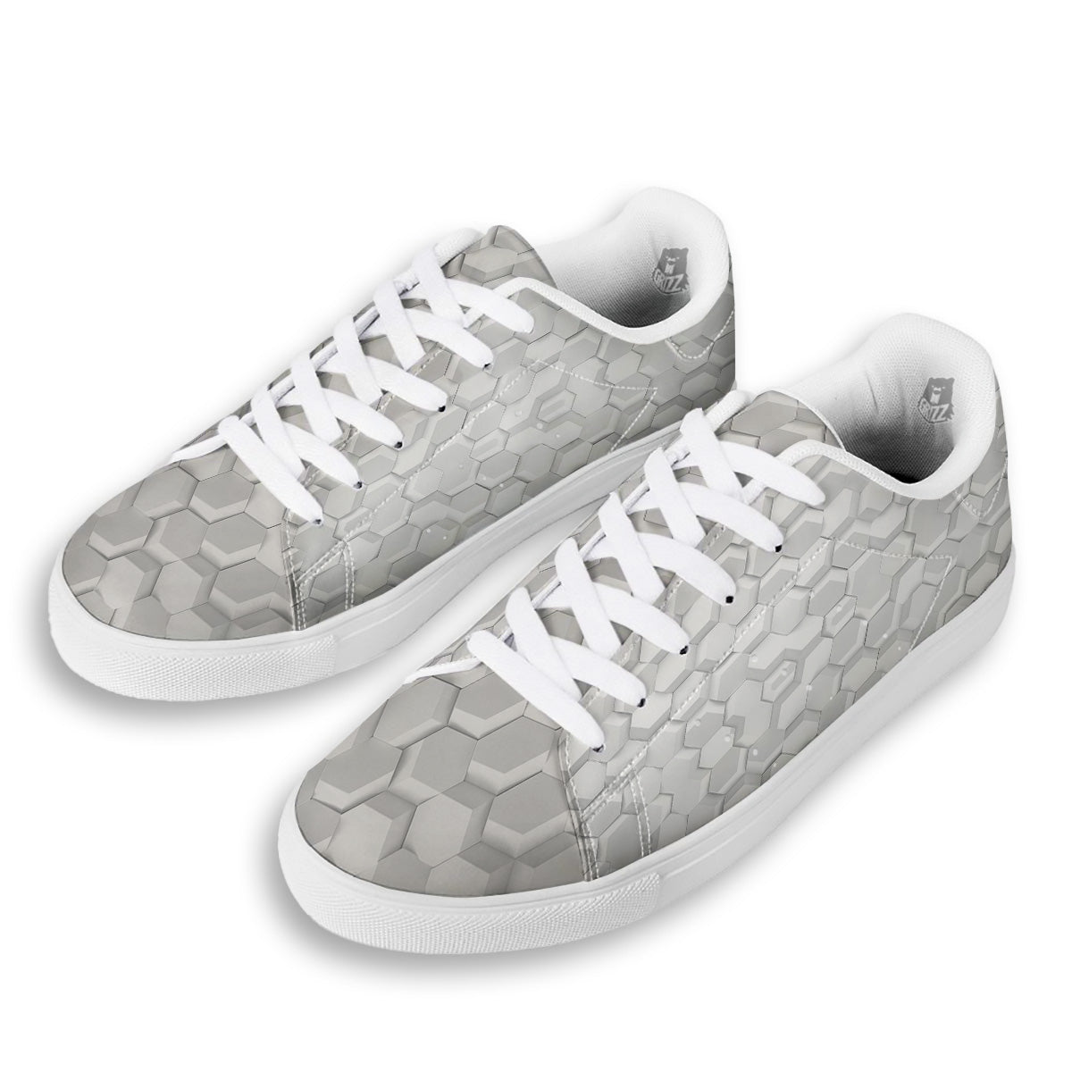 Abstract Hexagonal White 3D Print Pattern White Low Top Sneakers-grizzshop