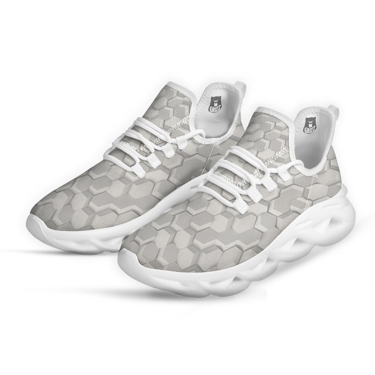 Abstract Hexagonal White 3D Print Pattern White Running Shoes-grizzshop
