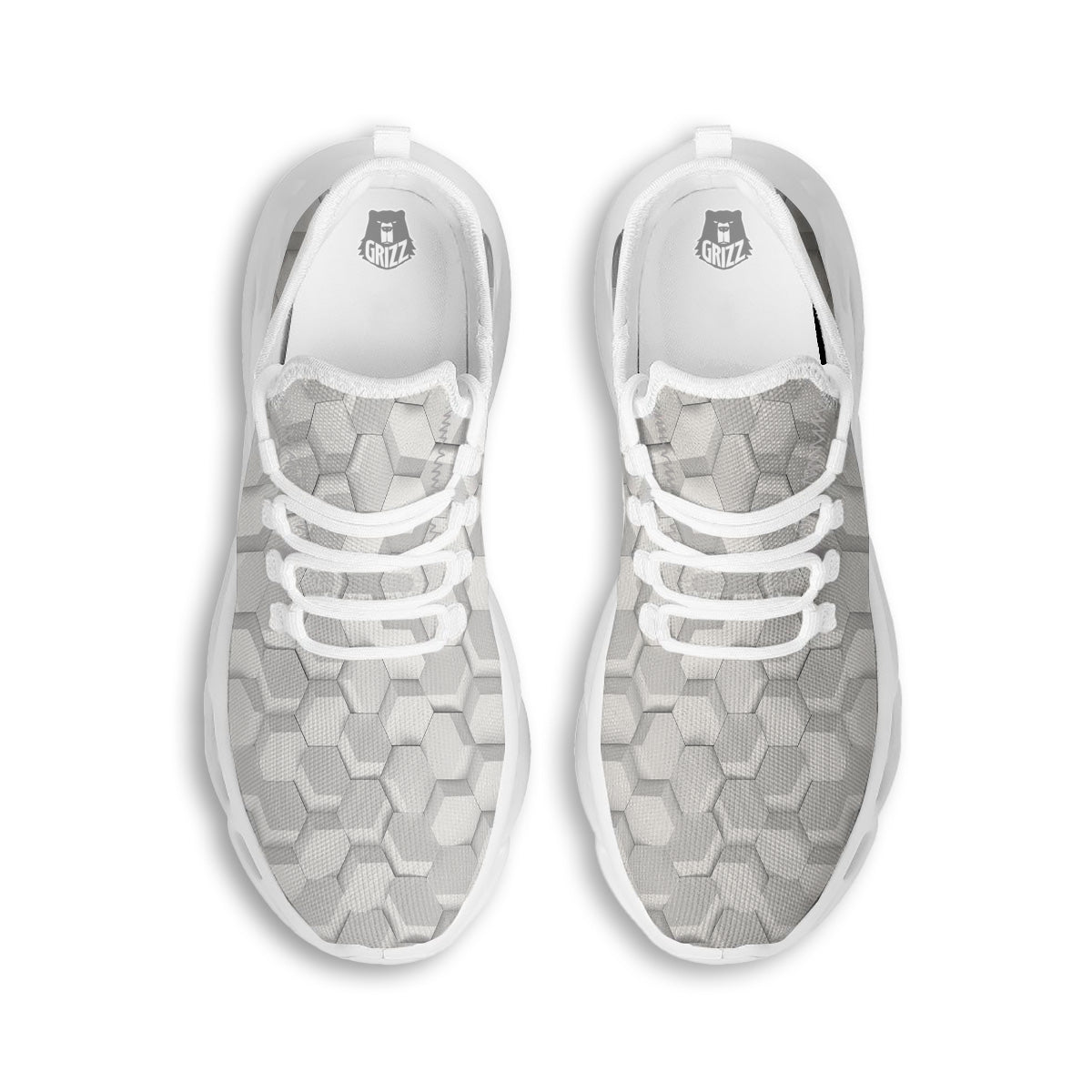 Abstract Hexagonal White 3D Print Pattern White Running Shoes-grizzshop