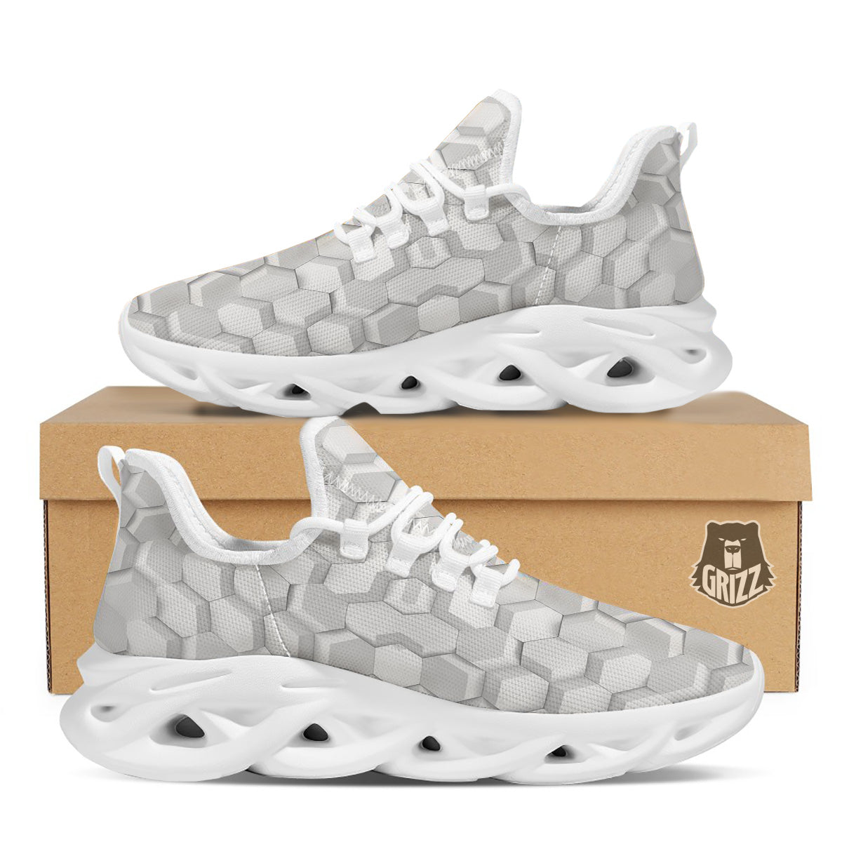 Abstract Hexagonal White 3D Print Pattern White Running Shoes-grizzshop