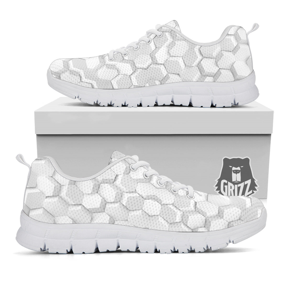 Abstract Hexagonal White 3D Print Pattern White Sneaker-grizzshop