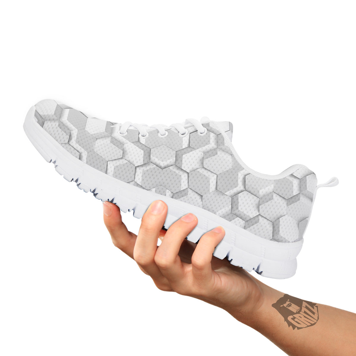 Abstract Hexagonal White 3D Print Pattern White Sneaker-grizzshop