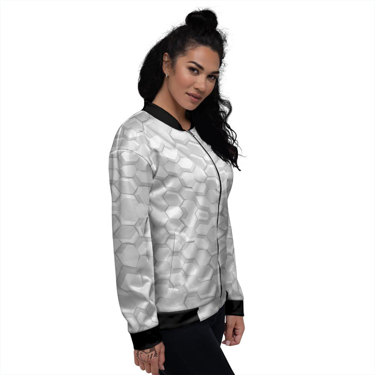 Abstract Hexagonal White 3D Print Pattern Women's Bomber Jacket-grizzshop