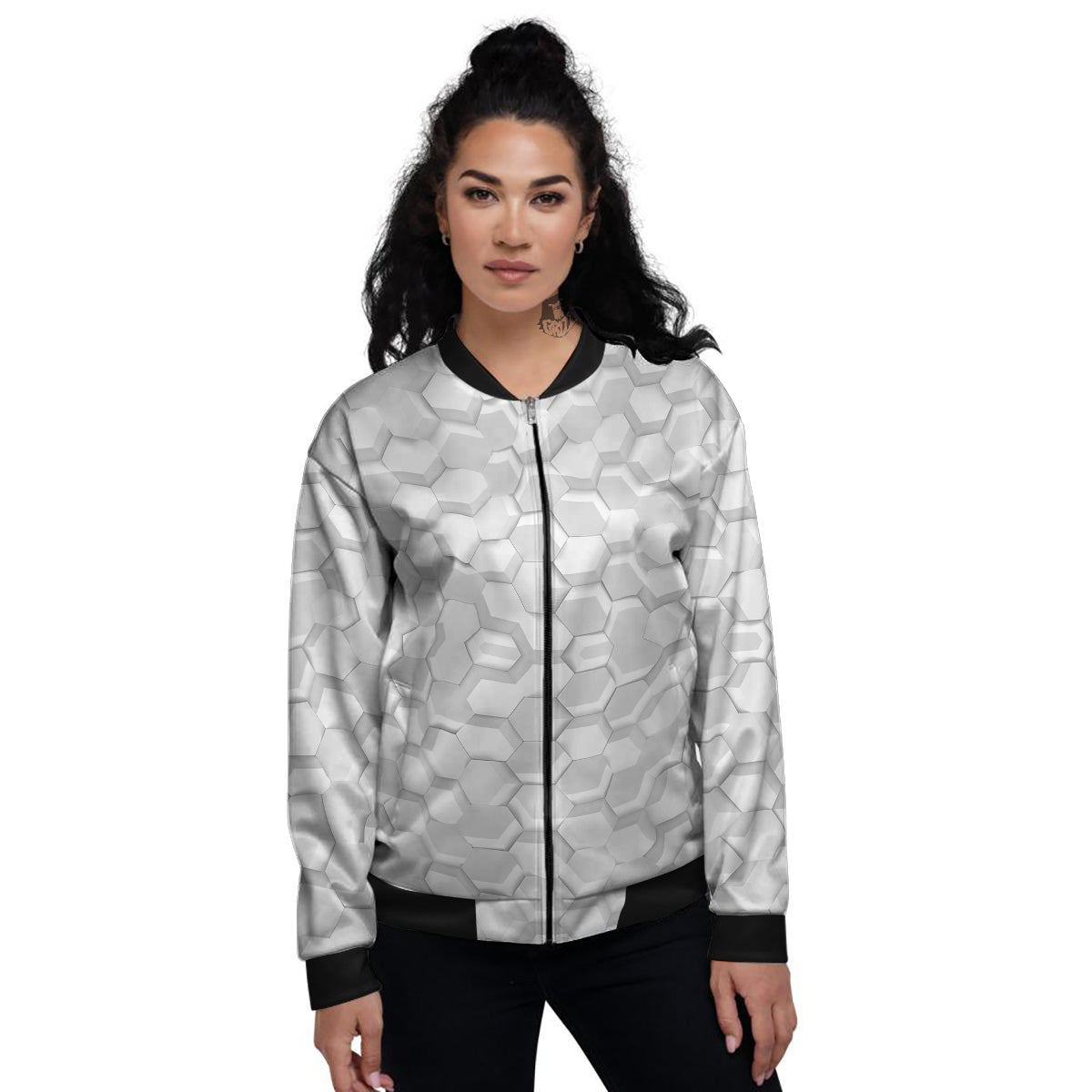 Abstract Hexagonal White 3D Print Pattern Women's Bomber Jacket-grizzshop