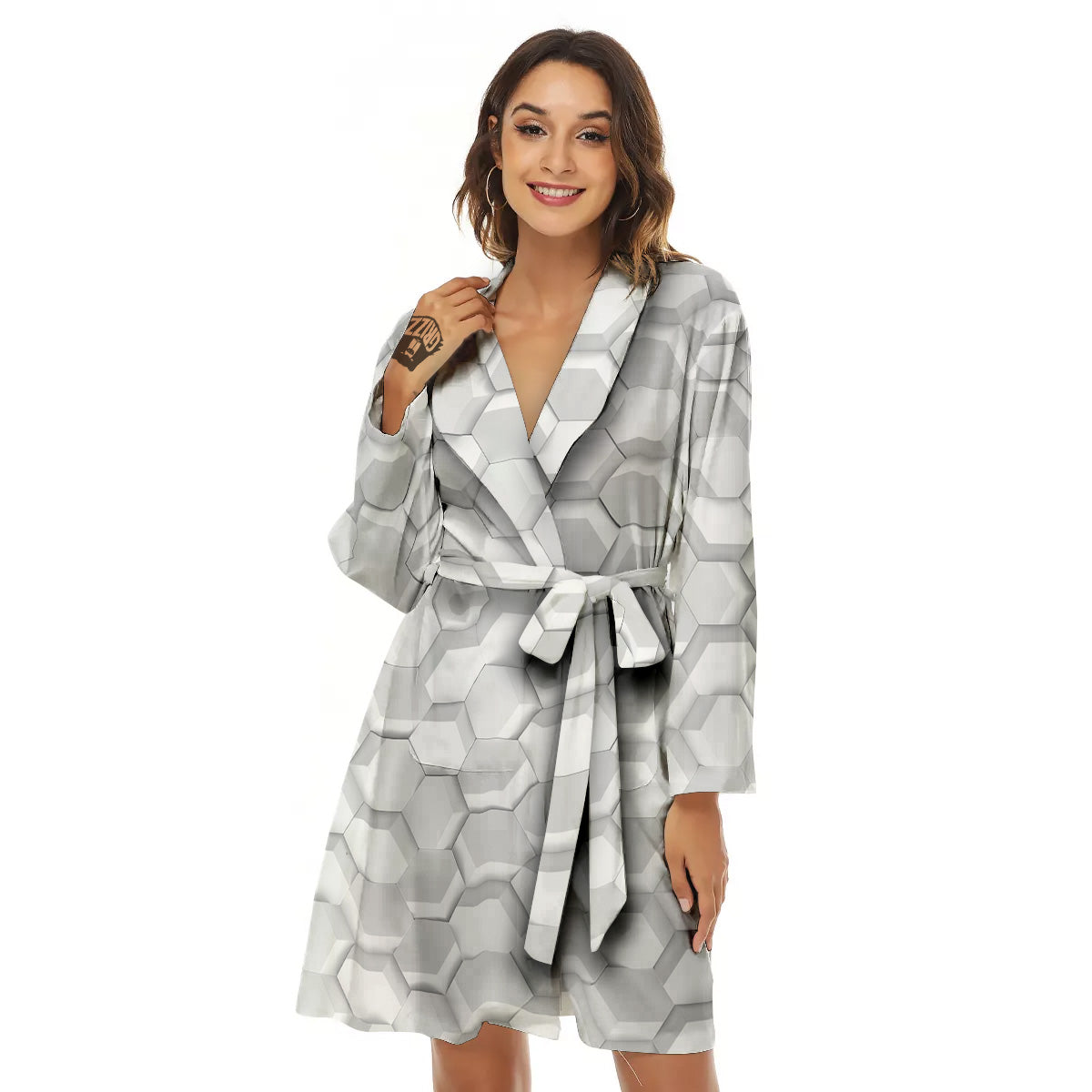 Abstract Hexagonal White 3D Print Pattern Women's Robe-grizzshop