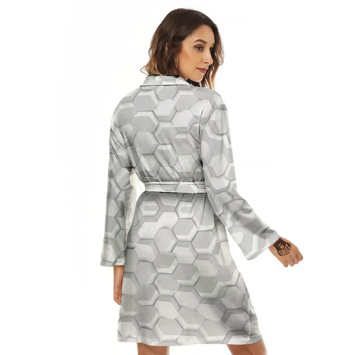 Abstract Hexagonal White 3D Print Pattern Women's Robe-grizzshop