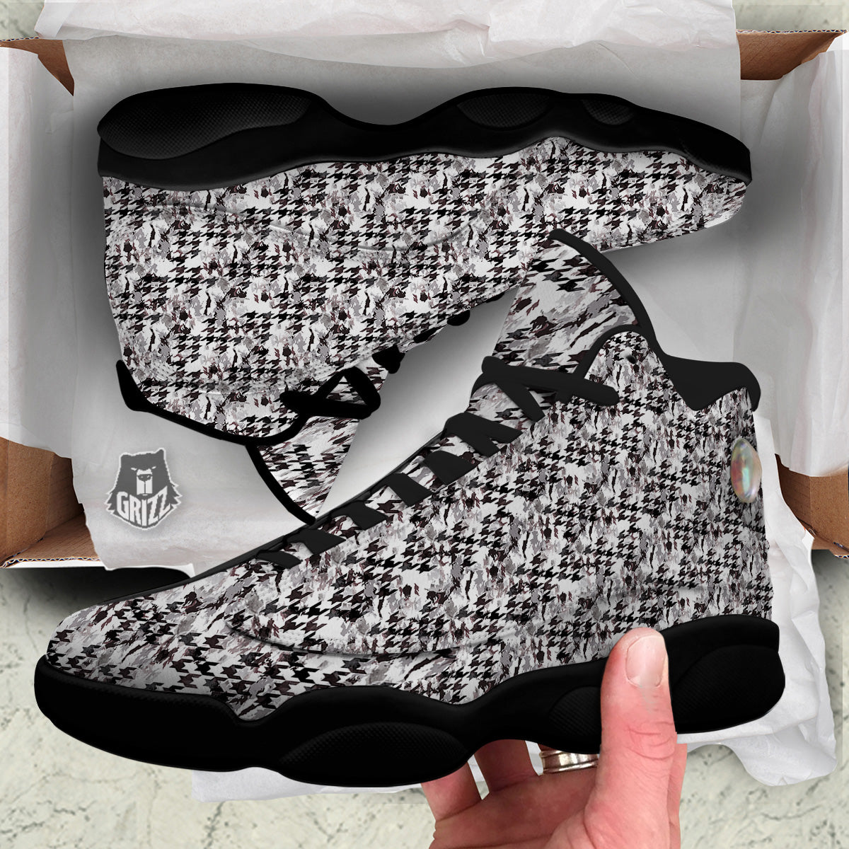 Abstract Houndstooth And Camo Print Pattern Black Basketball Shoes-grizzshop