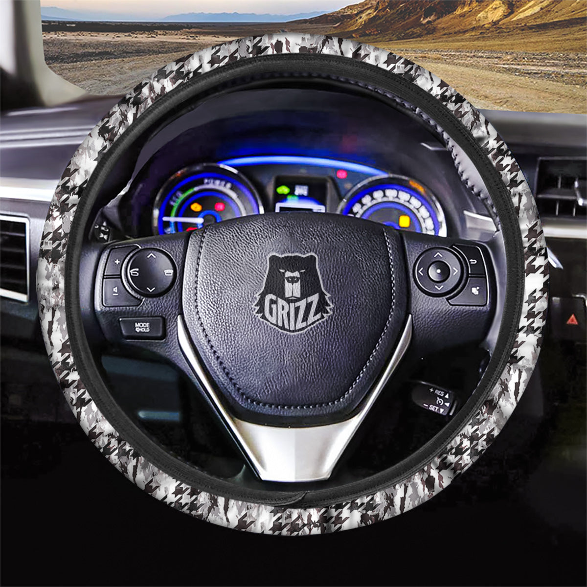 Abstract Houndstooth And Camo Print Pattern Car Steering Wheel Cover-grizzshop