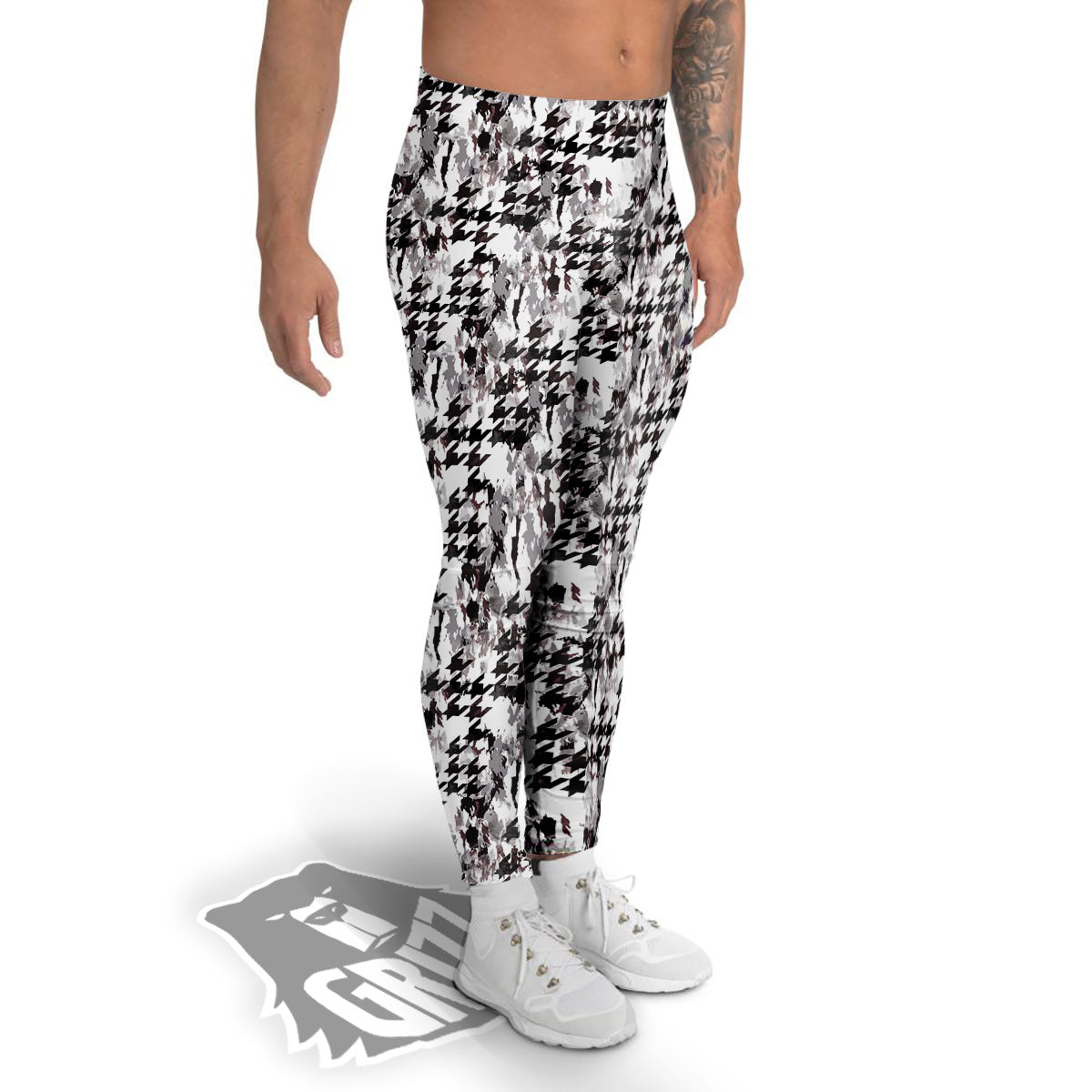 Abstract Houndstooth And Camo Print Pattern Men's Leggings-grizzshop