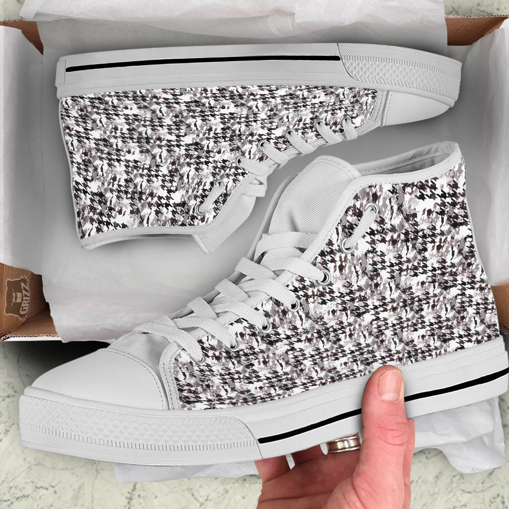 Abstract Houndstooth And Camo Print Pattern White High Top Shoes-grizzshop