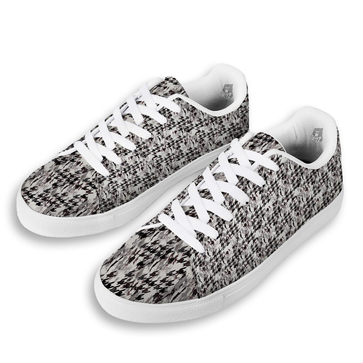 Abstract Houndstooth And Camo Print Pattern White Low Top Sneakers-grizzshop