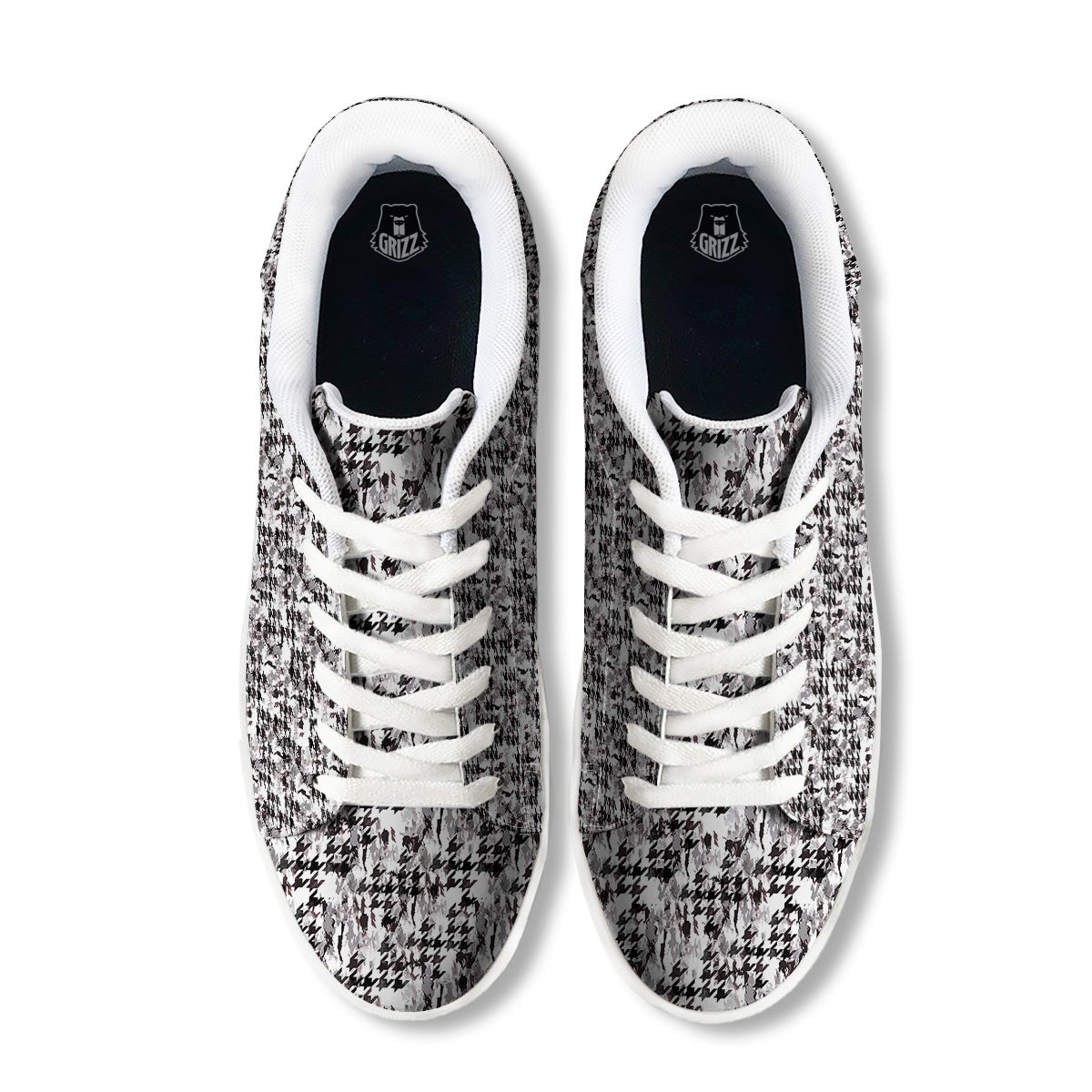 Abstract Houndstooth And Camo Print Pattern White Low Top Sneakers-grizzshop