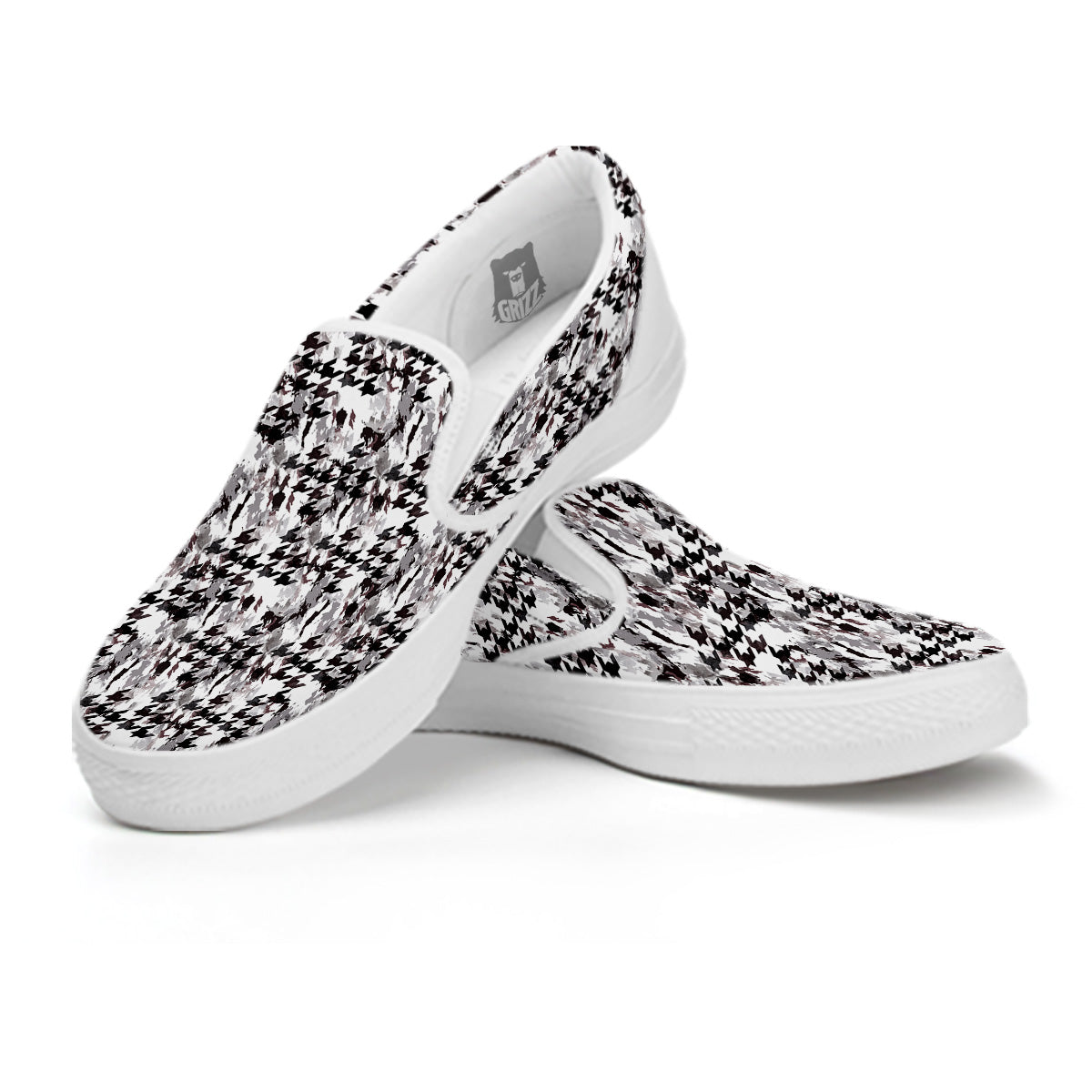 Abstract Houndstooth And Camo Print Pattern White Slip On Shoes-grizzshop