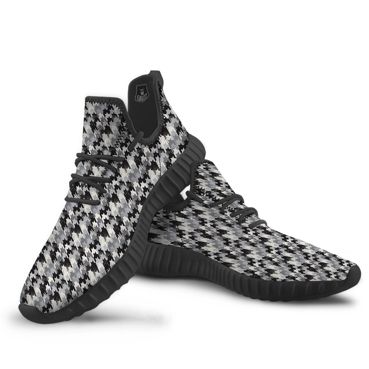 Abstract Houndstooth And Dots Print Pattern Black Walking Shoes-grizzshop