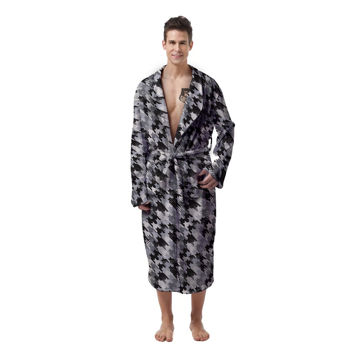 Abstract Houndstooth And Dots Print Pattern Men's Robe-grizzshop