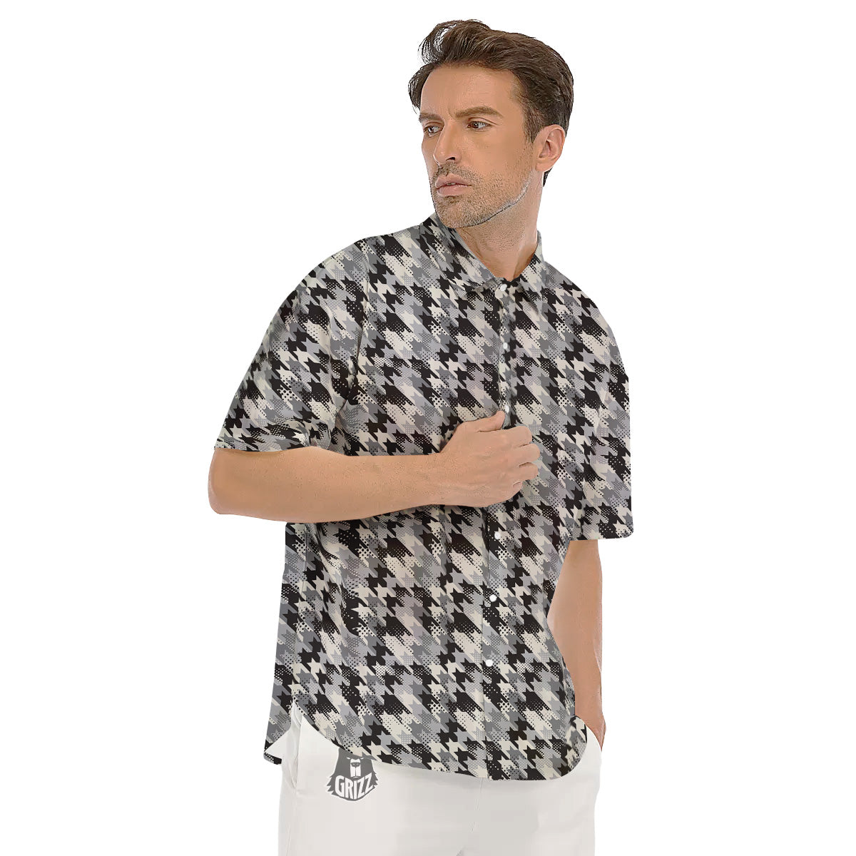 Abstract Houndstooth And Dots Print Pattern Men's Short Sleeve Shirts-grizzshop