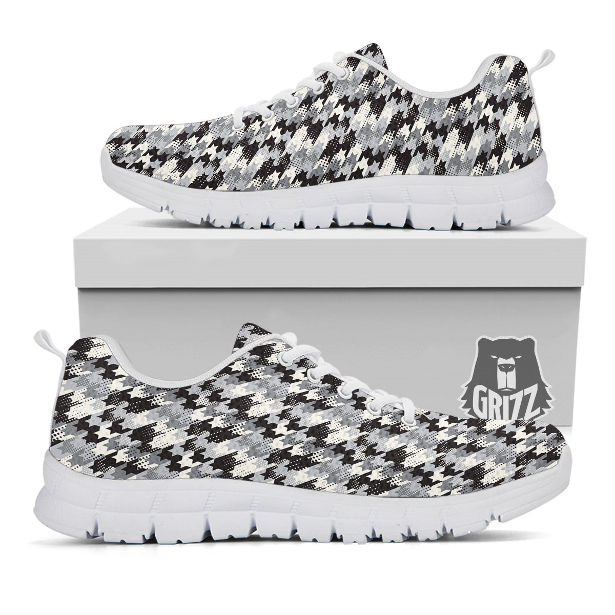 Abstract Houndstooth And Dots Print Pattern White Sneaker-grizzshop