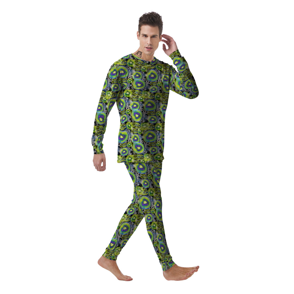 Abstract Kiwi Glitch Print Pattern Men's Pajamas-grizzshop