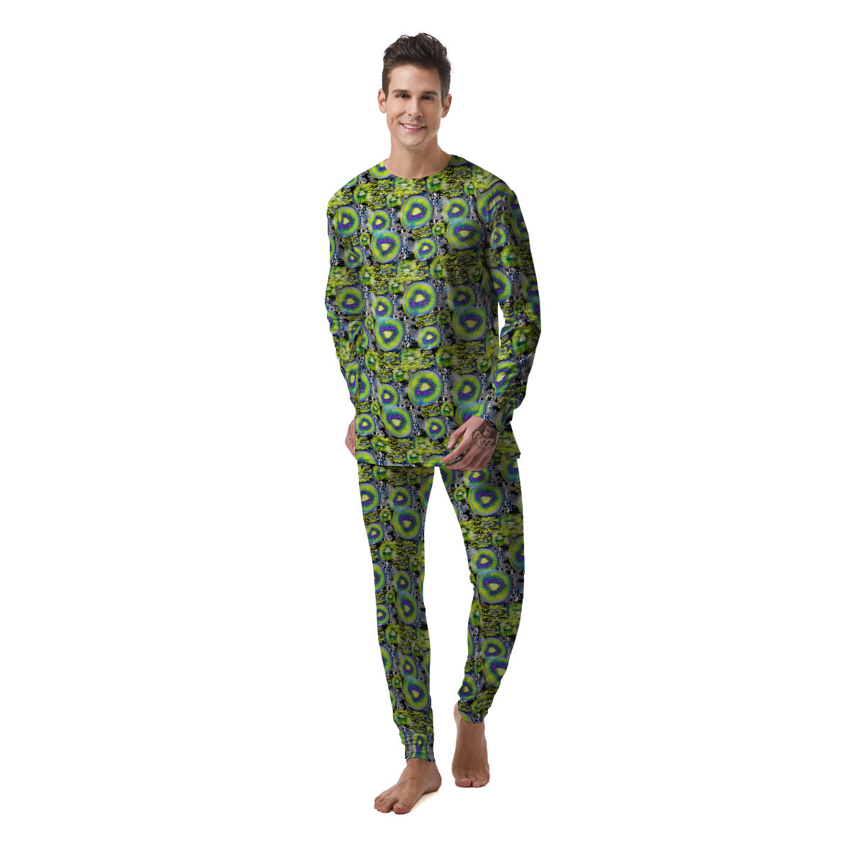 Abstract Kiwi Glitch Print Pattern Men's Pajamas-grizzshop