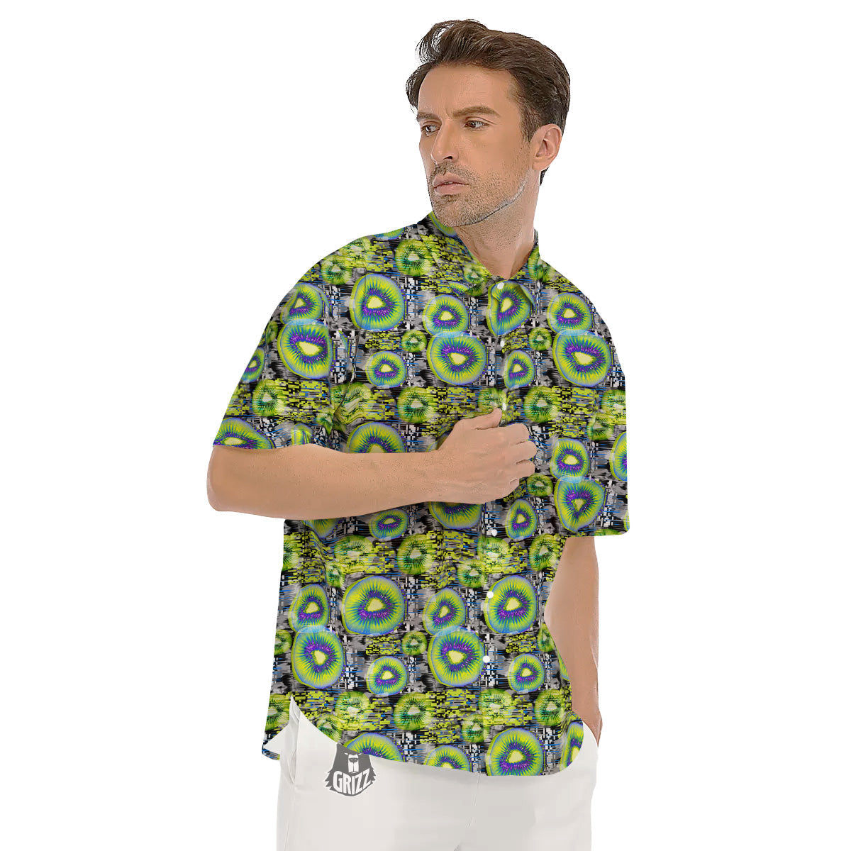 Abstract Kiwi Glitch Print Pattern Men's Short Sleeve Shirts-grizzshop