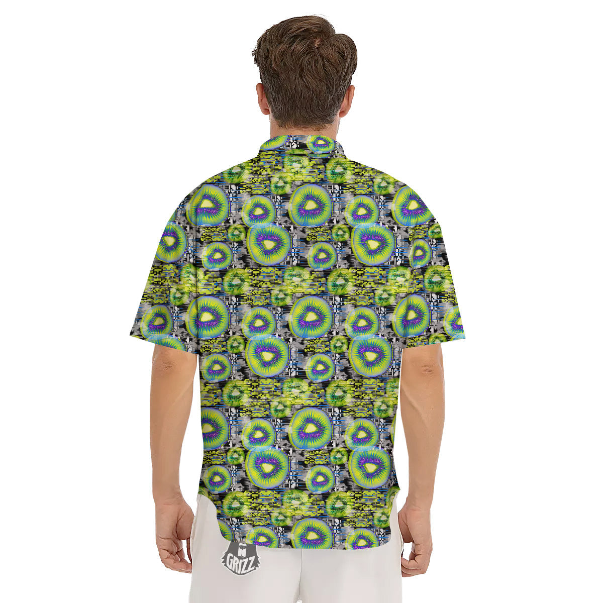 Abstract Kiwi Glitch Print Pattern Men's Short Sleeve Shirts-grizzshop