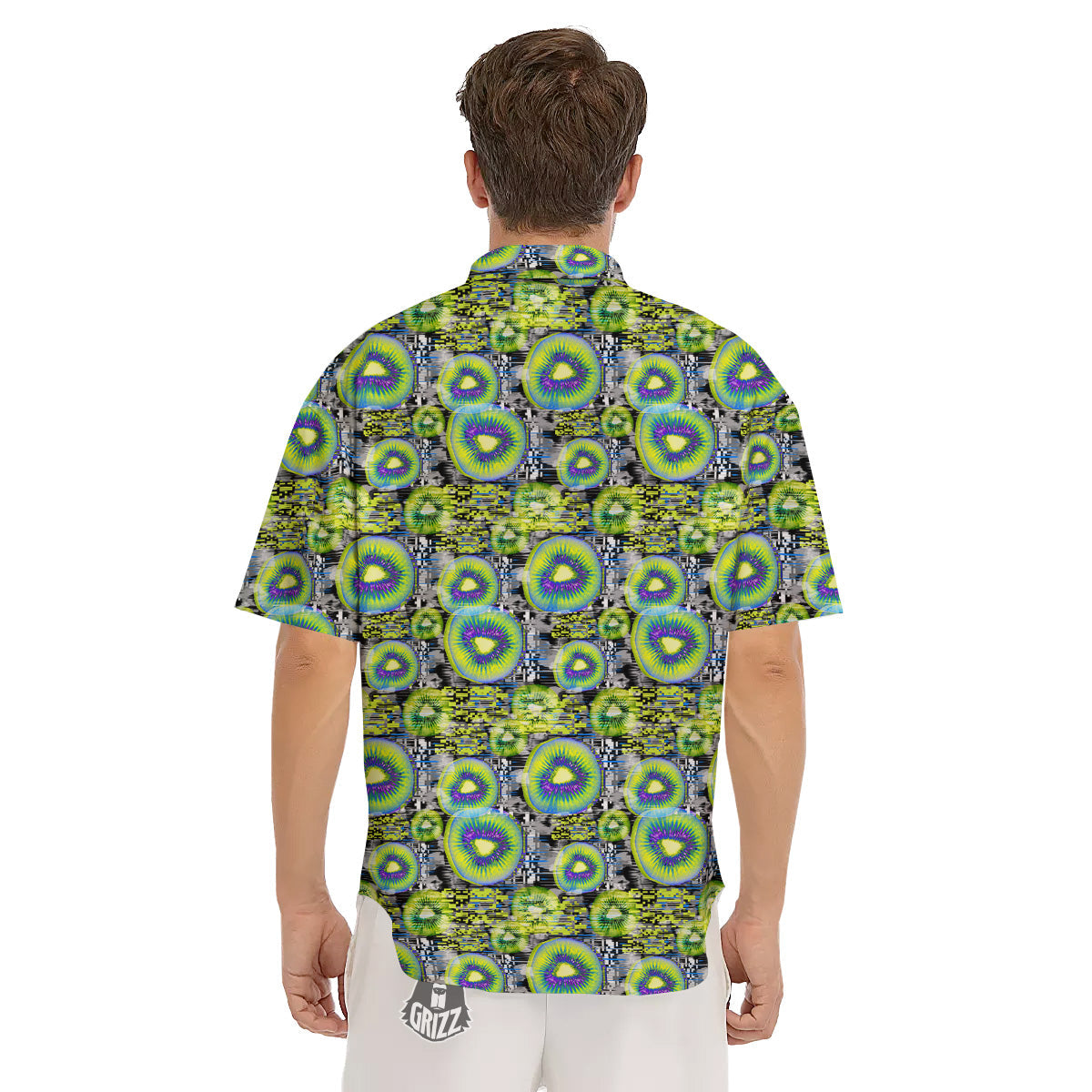 Abstract Kiwi Glitch Print Pattern Men's Short Sleeve Shirts-grizzshop