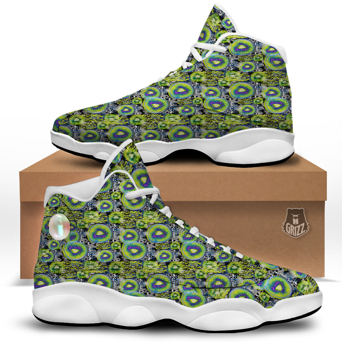 Abstract Kiwi Glitch Print Pattern White Basketball Shoes-grizzshop
