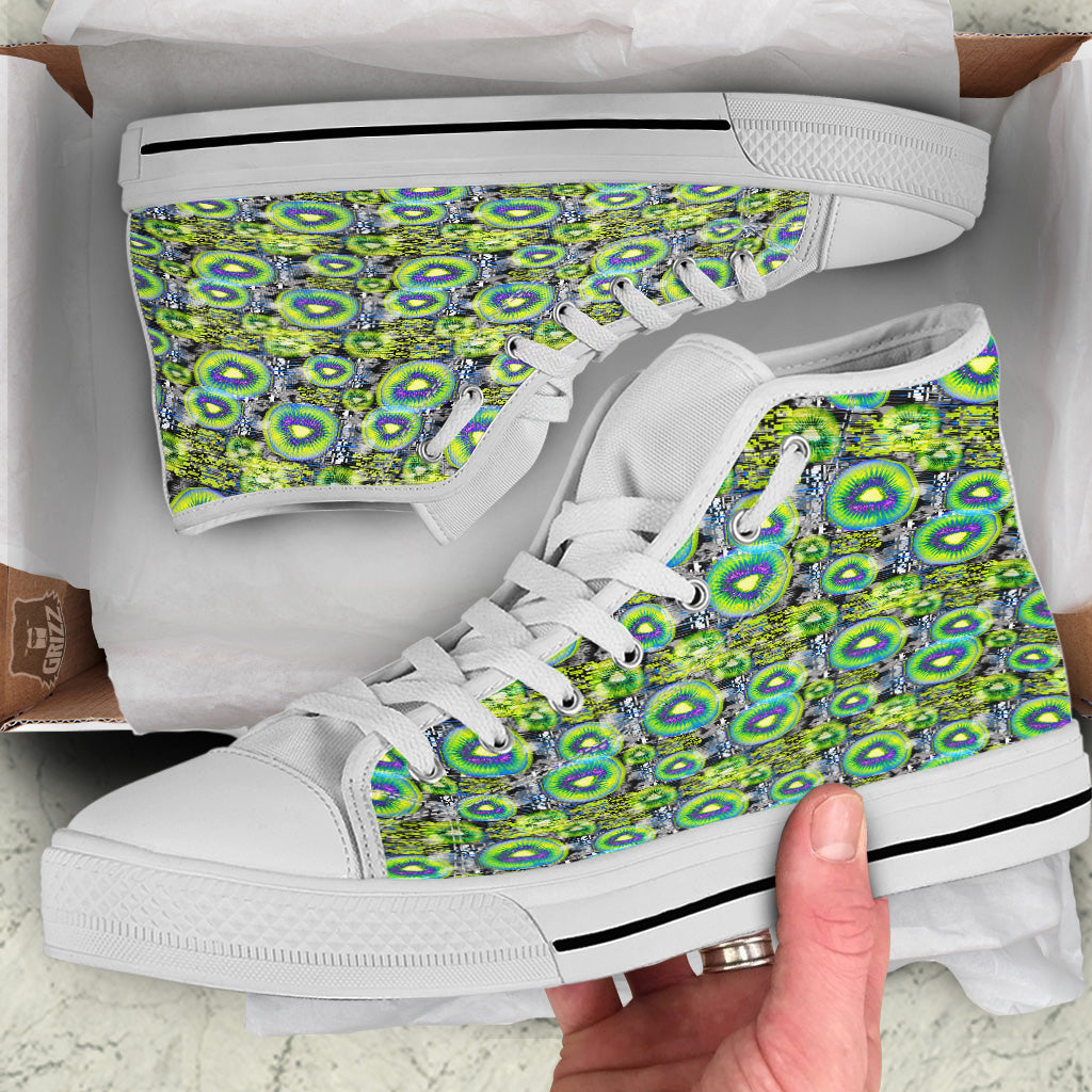 Abstract Kiwi Glitch Print Pattern White High Top Shoes-grizzshop