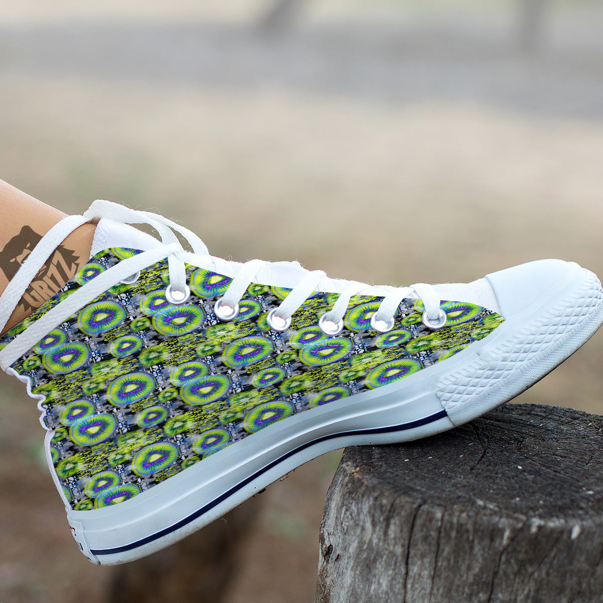 Abstract Kiwi Glitch Print Pattern White High Top Shoes-grizzshop