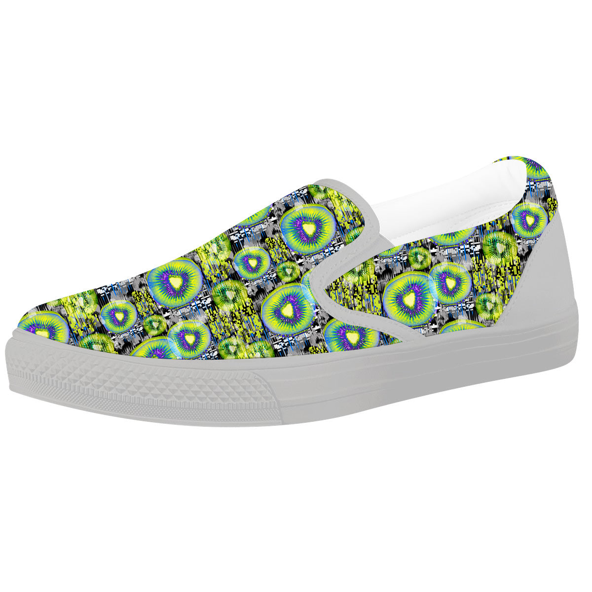 Abstract Kiwi Glitch Print Pattern White Slip On Shoes-grizzshop
