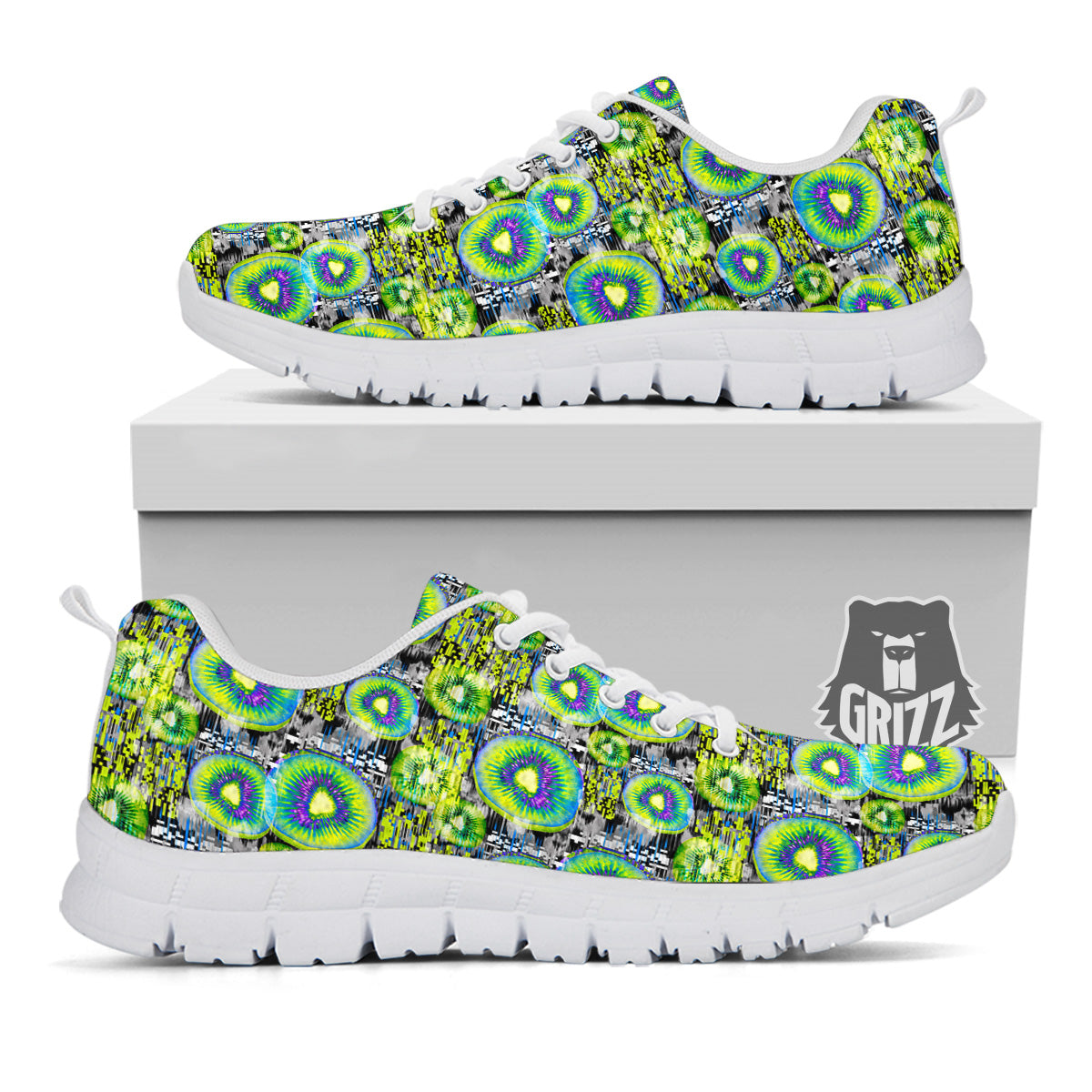 Abstract Kiwi Glitch Print Pattern White Sneaker-grizzshop